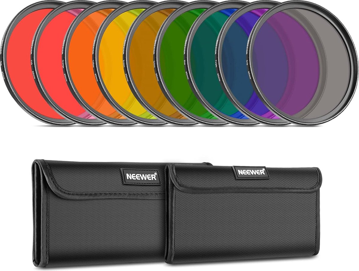 Neewer® - 9-delige Volledige Kleur Lensfilter Set, 62mm Hars Lensfilters met Rood, Oranje, Blauw, Geel, Groen, Bruin, Paars, Roze, Grijze Kleuren met 2 Tasjes - Camera Lens Accessoires