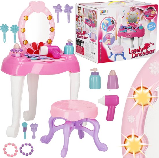 Springos Kaptafel - Inclusief Kruk & Accessoires - Voor Kinderen - Met Verlichte Spiegel - Speelgoed