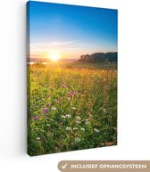 Canvas Schilderij Zon - Gras - Bloemen - 20x30 cm - Wanddecoratie