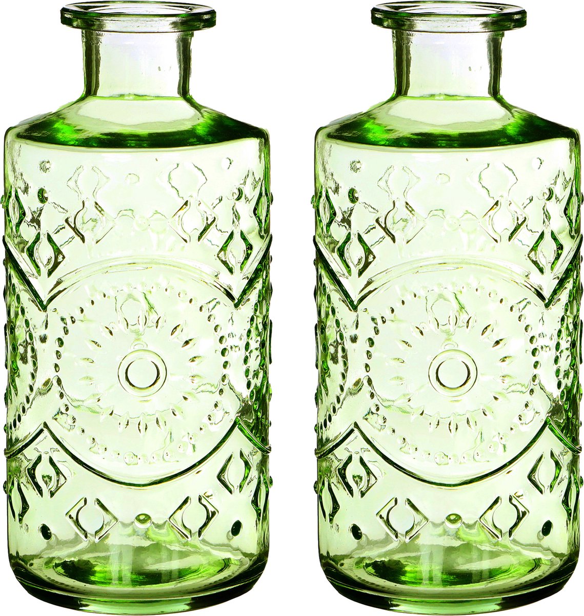 Ideas 4 Seasons Ideas4seasons Bloemenvaas/flesvaas Berlin - 2x - met motief - helder glas - lichtgroen - D9 x H21 cm