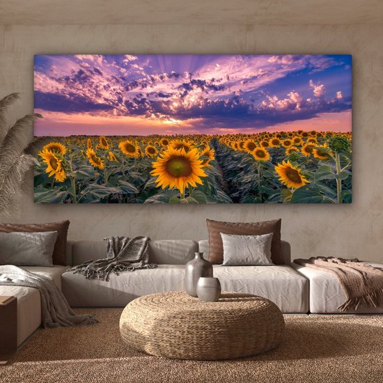 Toile - Peinture fleurs - Tournesol - Soleil - Nuages ​​- Soir - Décoration murale - Photo sur toile - Canvasdoek - 160x80 cm - Salon
