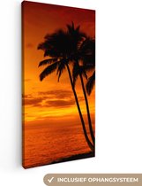 Canvas schilderij - Palmboom - Oranje - Zonsondergang - Zee - Schilderijen op canvas - Canvas doek - 40x80 cm - Wanddecoratie - Woonkamer