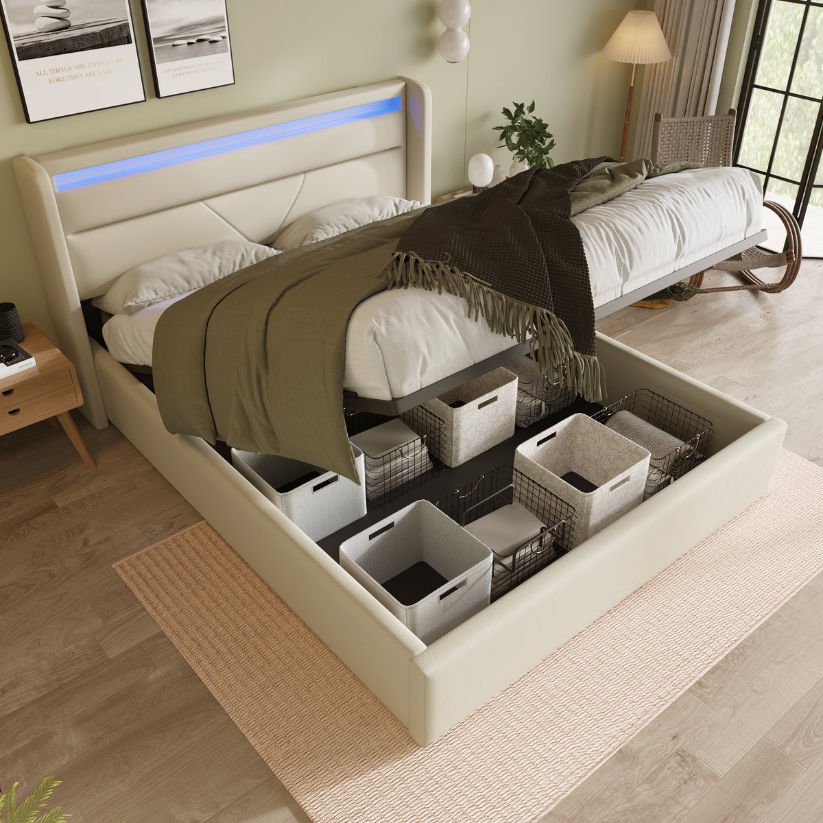 Hydraulisch opbergbed met LED-verlichtingsstrip, tweepersoonsbed, bedframe, gestoffeerd bed, 160x200cm, functioneel bed, wit (met afstandsbediening)