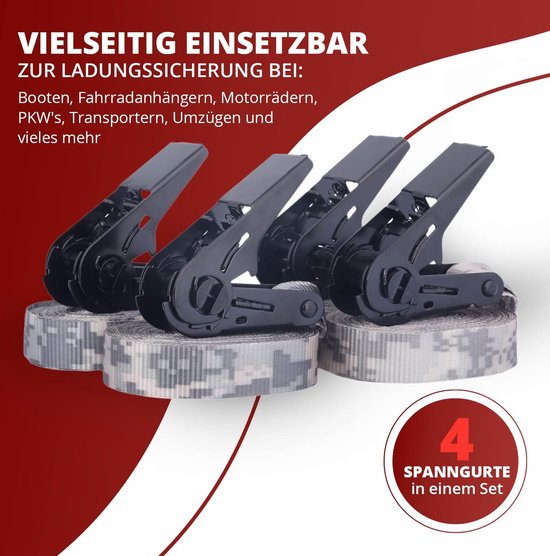 StarLeaparts Set van 4 spanbanden met ratel, 6 m x 35 mm, tweedelige professionele sjorbanden, belastbaar tot 2000 kg, tweedelige ratelriemen voor autotransport, wielbeveiliging, zwart