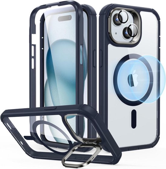 ESR Armor Tough HaloLock Hoesje Geschikt voor Apple iPhone 15 | Compatibel met MagSafe | met Stash Stand Kickstand | Full Protect | Extra Camera Bescherming | Transparant Blauw
