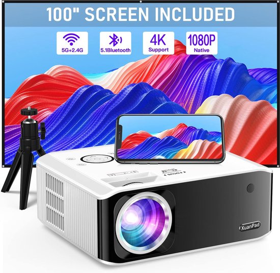 Mini Beamer - Streamen vanaf je telefoon - Input tot 4K - Inclusief 100 inch sherm - Bluetooth Audio - Projector - Mini Projector - HDMI - USB - Wit - Smartphone - Draagbaar - Ingebouwde speaker