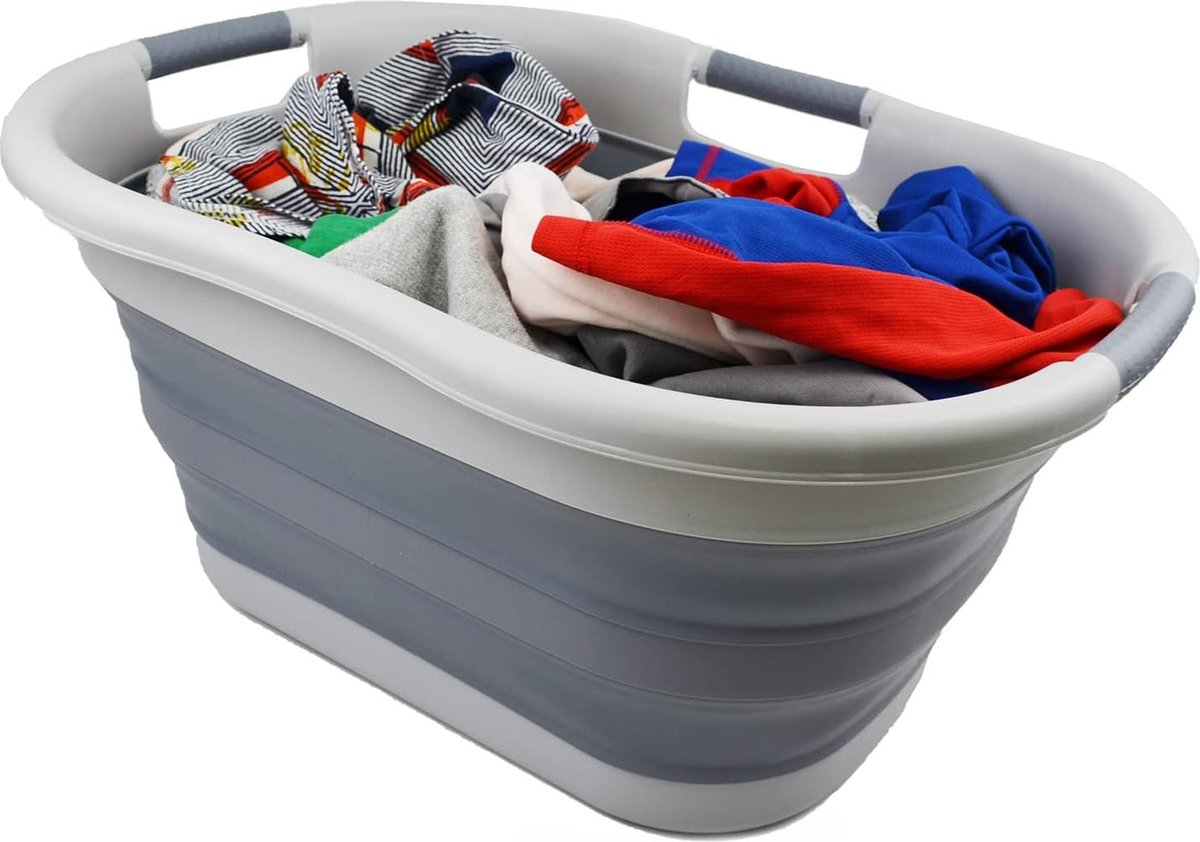 SAMMART Opvouwbare wasmand van kunststof, opvouwbare pop-up opbergbak/ organizer, draagbare wasmand, ruimtebesparend, wit/donkergrijs, 1