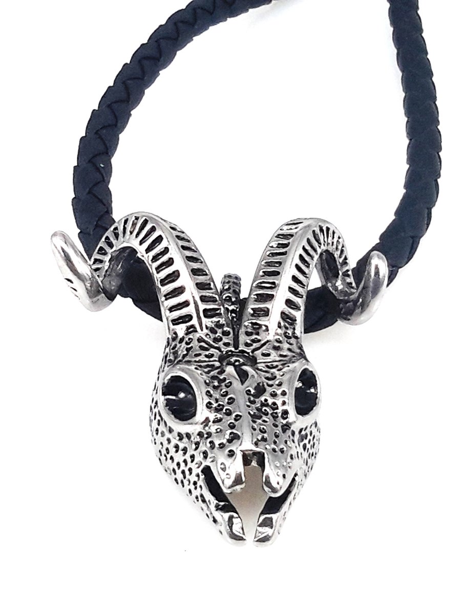 Stoer zeer gedetailleerd ram schedel hanger in 3D afbeelding gratis leer ketting van L 60 cm.