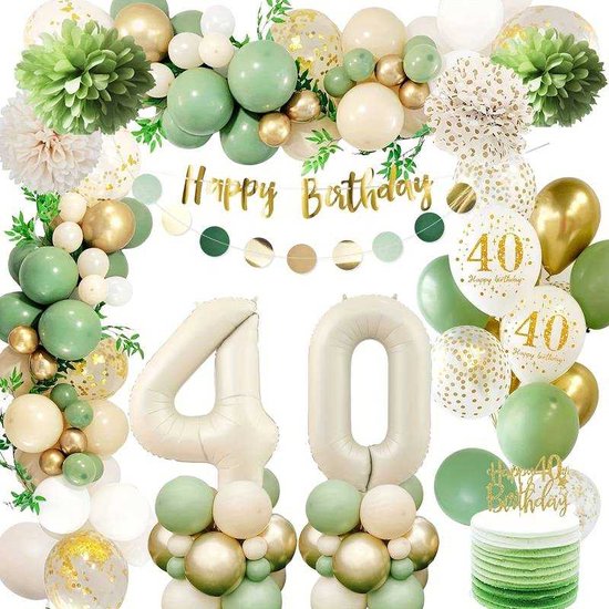 FeestmetJoep® 40 jaar feestpakket Beige / Goud & Groen 67-delig - 40 jaar verjaardag versiering - 40 jaar slingers - 40 jaar ballonnen - Feestversiering voor man & vrouw Groen / Goud - 40 jaar verjaardag man / vrouw - 40 jaar versiering