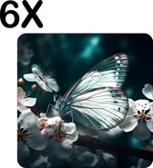 BWK Luxe Placemat - Witte Vlinder op Witte Bloemen in een Donkere Omgeving - Set van 6 Placemats - 40x40 cm - 2 mm dik Vinyl - Anti Slip - Afneembaar