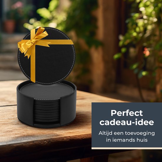 Castagnola Sous-verres de Verre en Cuir avec Support - Sous-verres pour Verres - Sous-verres de Verre Design - Ensemble de Dessous de Verre - Sous-verres de Verre - Cuir - Sous-verres en Cuir - Set de 10 - Zwart