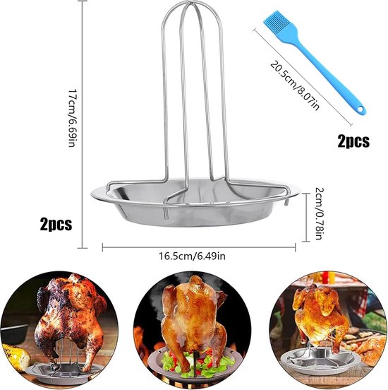 Pack of 2 Chicken Stands, Vertical Chicken Roaster Grill 304 Stainless Steel with 2 Pieces Oil Brush Kitchen for Oven Grill Camping Outdoor Cooking Utensils - Merkloos