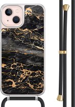 Casimoda® hoesje met zwart koord - Geschikt voor iPhone 13 - Marmer Grijs Brons - Afneembaar koord - TPU/acryl - Zwart