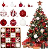 60 stuks kerstballen, kunststof kerstballen, decoratie, Kerstmis, kerstboomversiering met ophanghaakjes, onbreekbaar, kerstdecoratie voor binnen en buiten, wit en rood