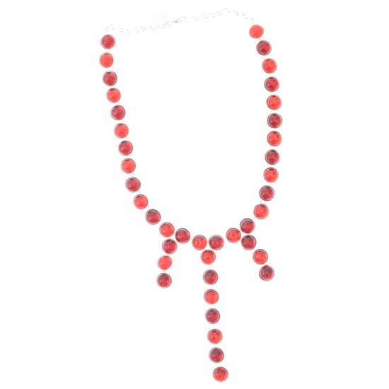Behave Dames ketting zilver kleur met rode stenen en hangers 46 cm
