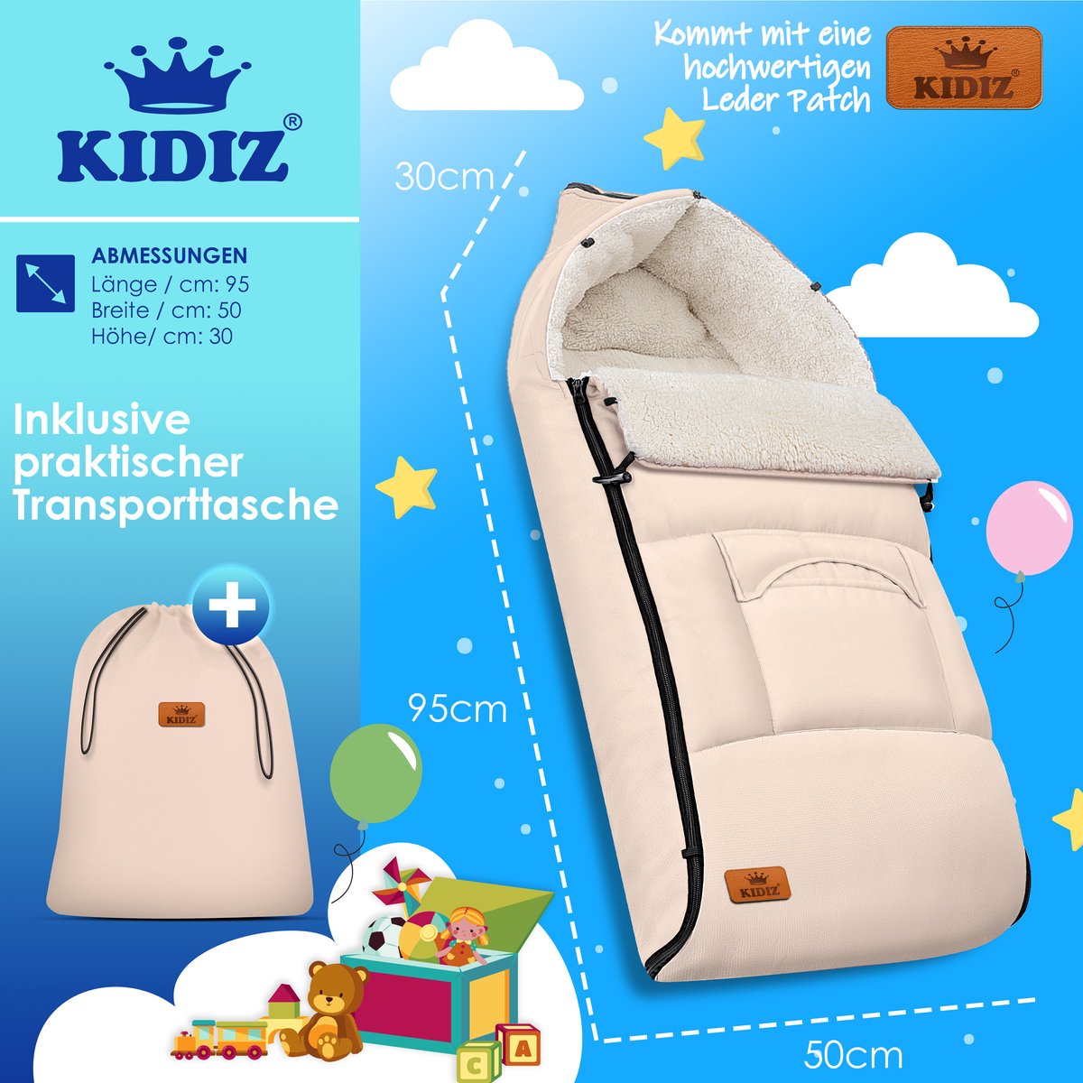 KIDIZ® Voetenzak voor Autostoeltje en Buggy met Ritssluiting - Baby Slaapzak Deken voor Maxi-Cosi & Wandelwagen / Kinderwagen - Beige – foto 4