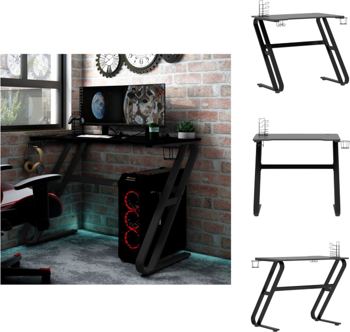 VidaXL Gaming Bureau Ergonomisch Ontwerp Koptelefoonrek Controllerrek Bekerhouder Ruimte voor Monitoren en Game-apparatuur Zwart 90 x 60 x 75 cm Bureau