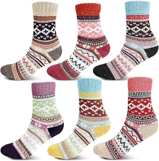 6 paar warme damessokken, kleurrijke sokken, vintage wintersokken, ademend, zacht, gebreide sokken, premium kwaliteit, wollen sokken, geschikt voor thuis, school en kantoor