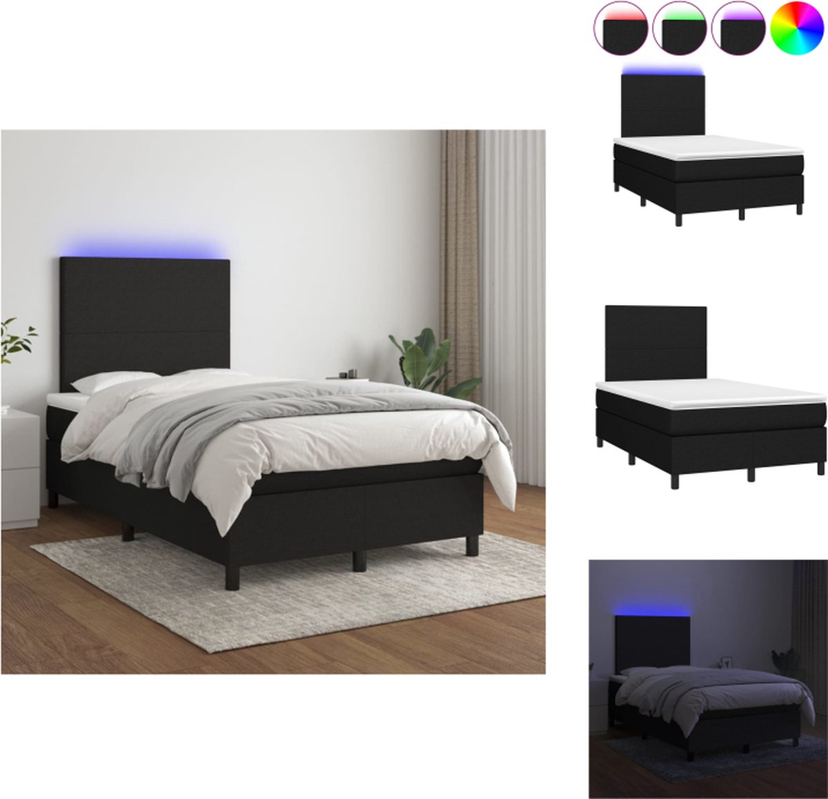 VidaXL Boxspring LED 120x200 Zwart Duurzaam verstelbaar hoofdbord comfortabel kleurrijke LED-verlichting pocketvering matras huidvriendelijk topmatras Bed