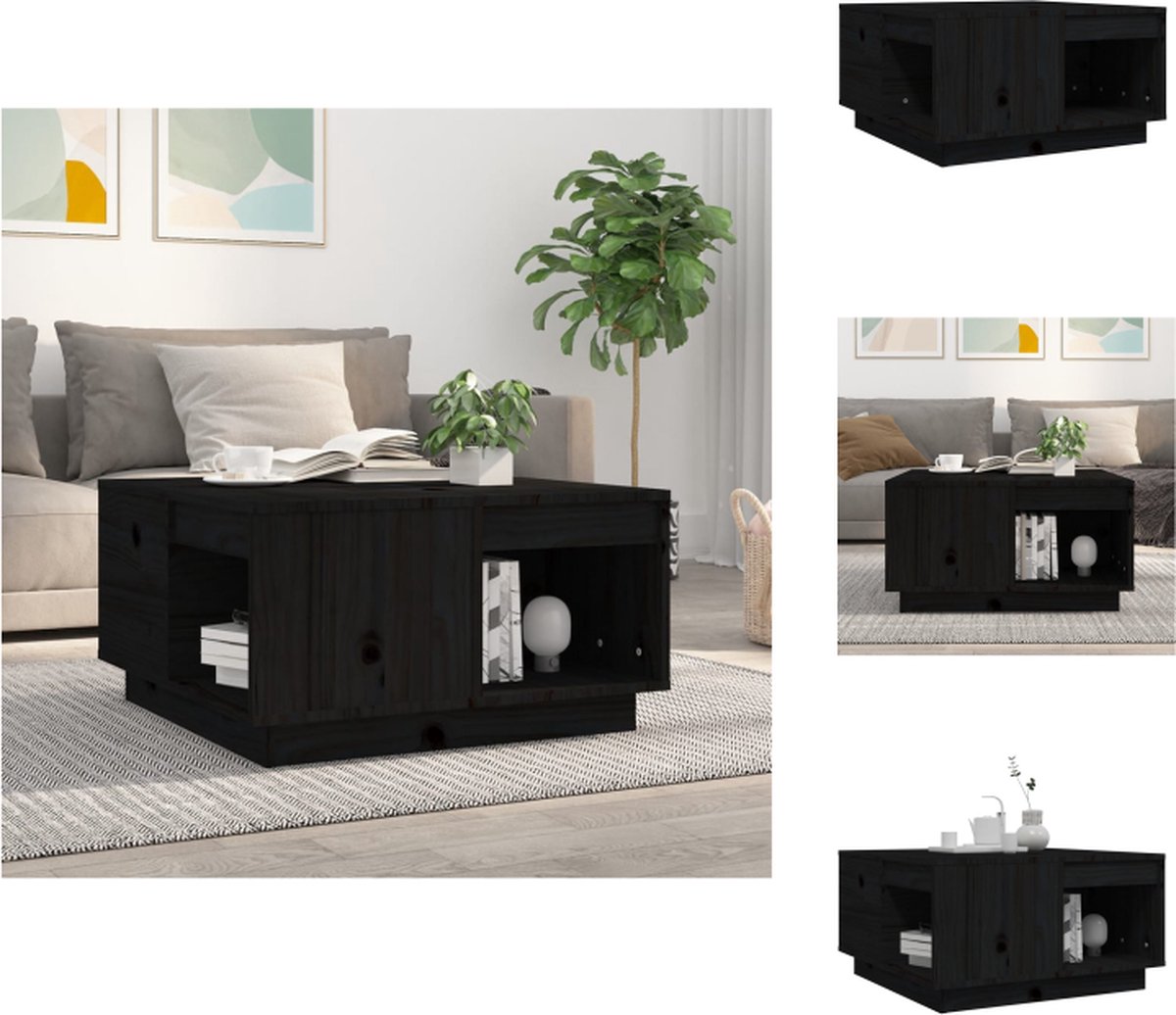 VidaXL Houten Salontafel Massief Grenenhout Bijzettafel met Stabiel Frame Voldoende Opbergruimte Ruim Tafelblad Zwart 60 x 61 x 32.5 cm Tafel