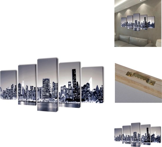 vidaXL 5-panelen canvas muurdruk set - 200 x 100 cm - New York skyline - Houtkader - Waterdicht - Poster