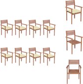 vidaXL Chaises de jardin de jardin empilables en bois - Set de 8 - Bois de teck - kussen blanc crème - 56x51x90 cm - 100% Polyester - Chaise de jardin