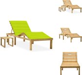 vidaXL Loungebed Grenenhout - Tuinmeubelen - 200x70cm - Verstelbare rugleuning en voetensteun - Houten tafel - Helder groen kussen - Ligbed
