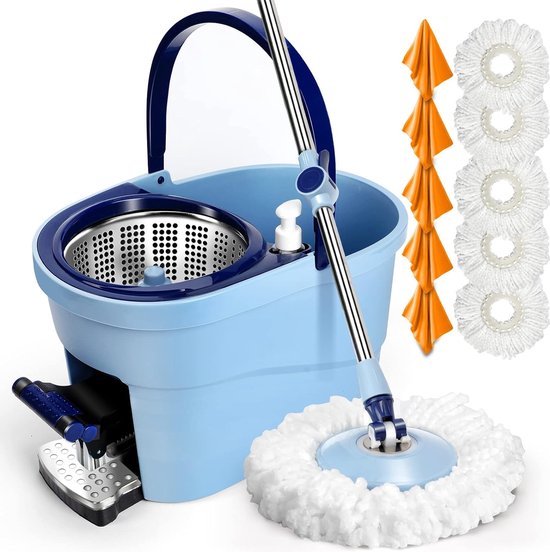 Eukue 2-in-1 mop en emmer met voetpedaal, vloerwisser met 5 microvezelpads, mop met afdruipemmer, dweil voor het reinigen van tegels en muren, oranje