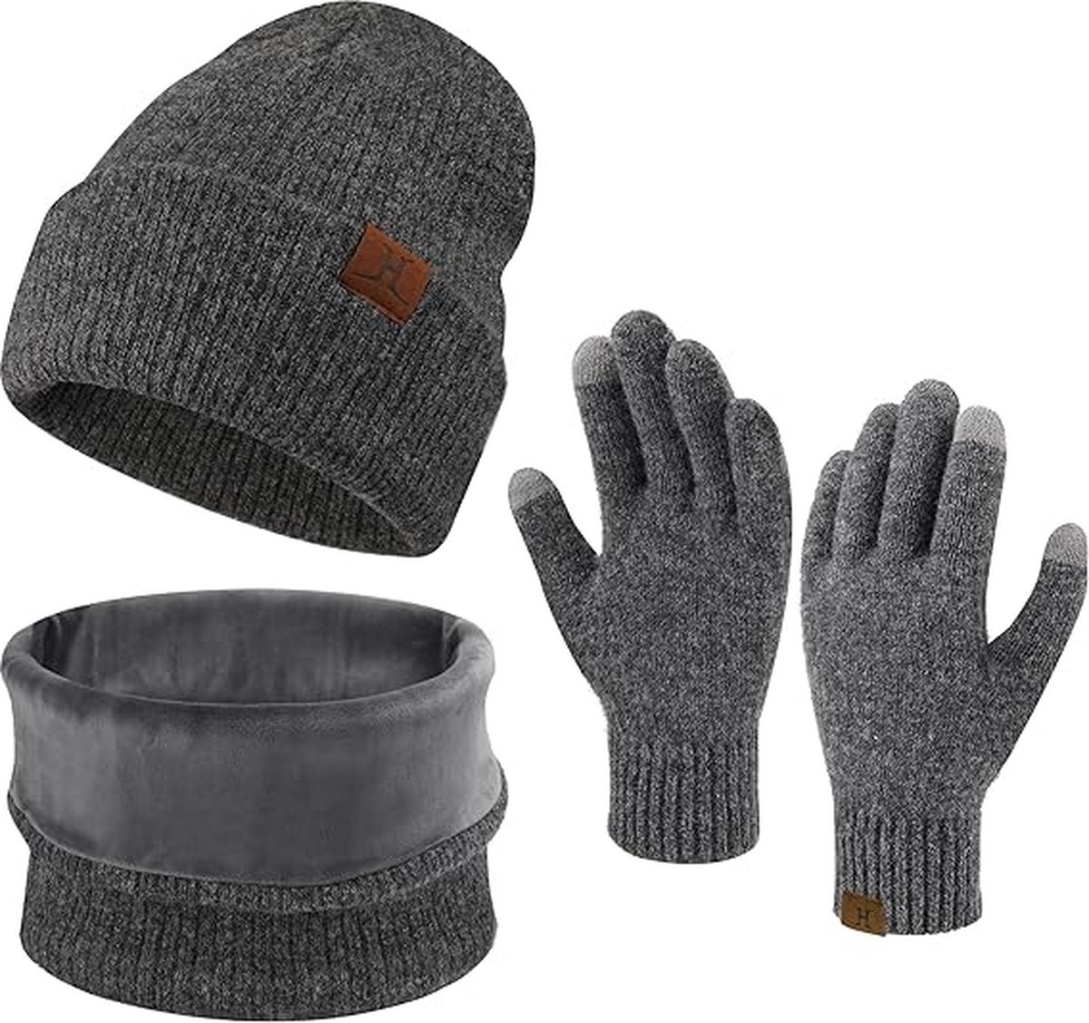 Warme winterset 3-delig - Donkergrijs - Fleece gevoerde beanie/muts, ronde sjaal, touchscreen handschoenen - 3 stuks voor volwassenen - Black Friday 2023 - Kerstcadeau