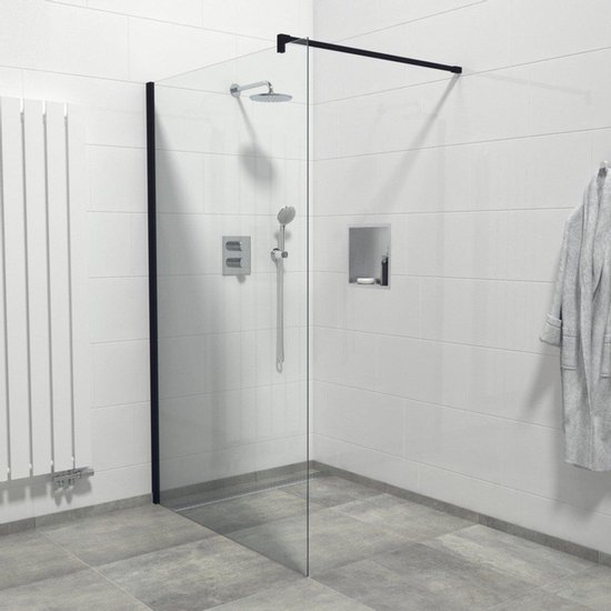 Foto: Saniclass bellini inloopdouche douchewand 100x200cm veiligheidsglas anti kalk mat zwart