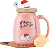 Kattenmok Kerst Schattige Keramische Koffiekop met Deksel Kerstcadeaus voor Vrouwen Kinderen, Roestvrijstalen Lepel, Grappige Ochtendbeker Thee Melk Mok Theekop met Deksel en Zeef 380 ml