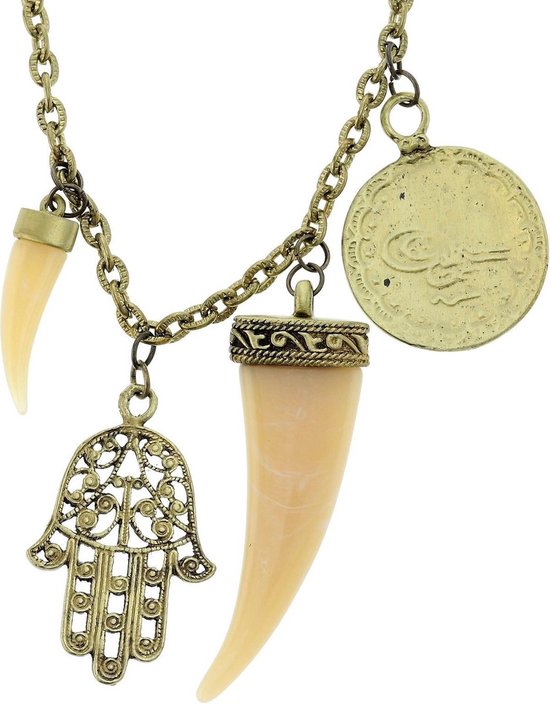 Behave Collier doré avec pendentifs dent, pièce de monnaie et main de Hamsa