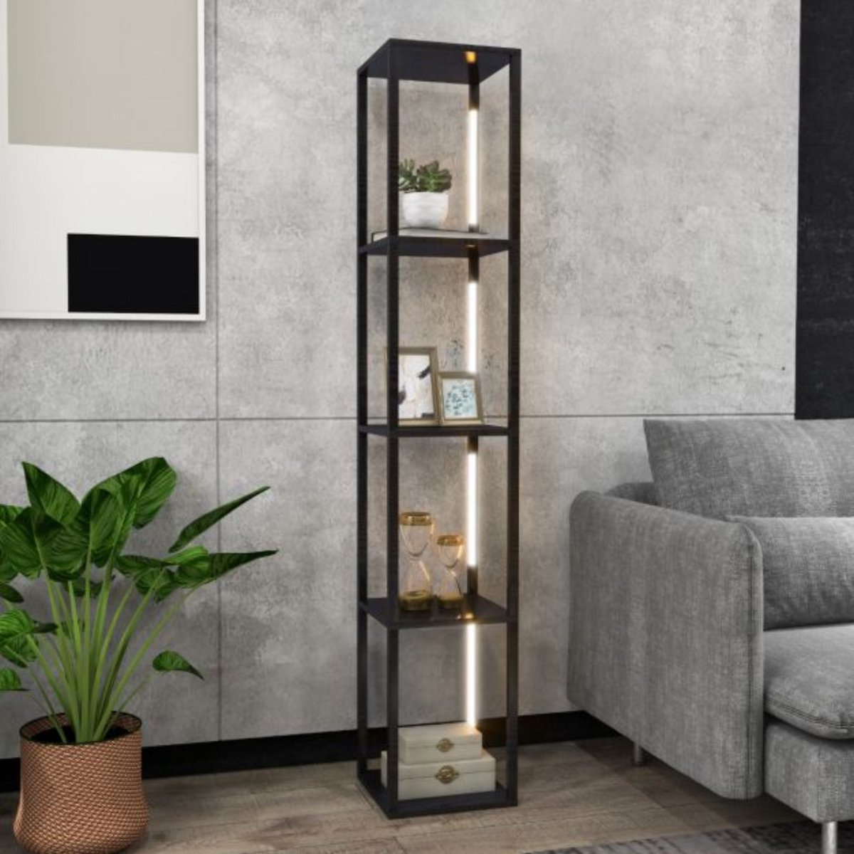 Vloerlamp - Dimbaar - LED - Staande lamp - Stalamp - Met opbergruimte - Vloerlamp woonkamer - Staande lampen woonkamer - Sfeerlamp - Vitrine - 29L x 29B x 163H cm - Zwart thumbnail 5