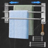 Towel Rail, No Drilling, Stainless Steel Towel Holder, Extendible 37-70 cm, Bathroom Towel Holder, 3 Bars with Hooks, Self-Adhesive Wall Mounted Towel Holder for Bathroom, Kitchen, Wall,