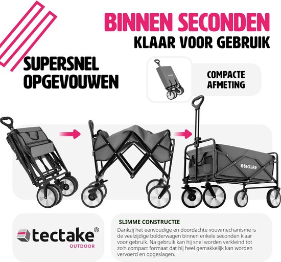 tectake® Opvouwbare handkar - Opvouwbare transportwagen - Met draagtas - Handkar om te trekken - Brede rubberen banden - Opvouwbare wagen voor transport - Voor naar het strand - Draagvermogen tot 80kg - Grijs van TecTake — afbeelding 5