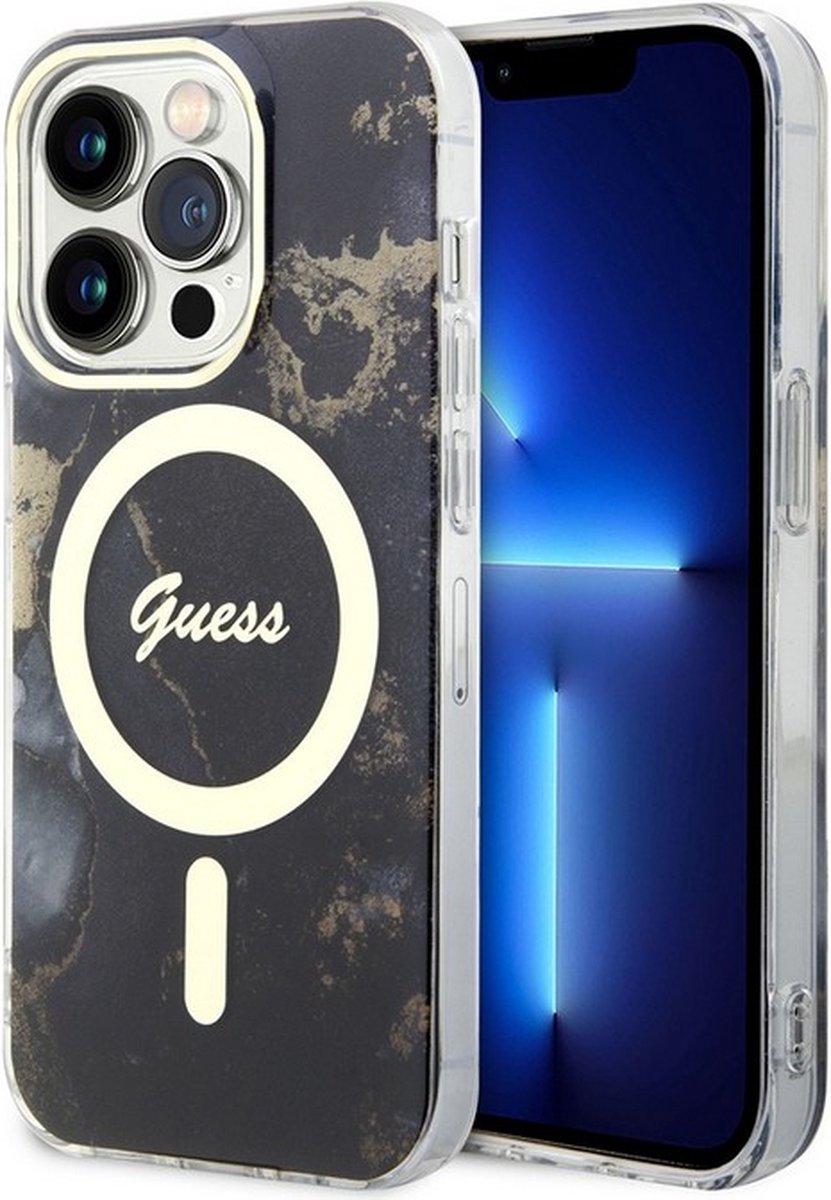 Guess Golden Marble Back Case (MagSafe Compatible) - Apple iPhone 13 Pro (6.1") - Zwart