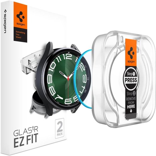 Spigen EZ Fit verpakking en smartwatch met groen wijzerplaat. "2 Pack" staat op de doos.