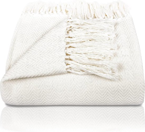 Couvre-lit Premium à franges - 100 % coton - 220 x 240 cm XXL - Couverture d'été à chevrons - Couverture en coton comme couvre-lit, couverture de canapé (crème)