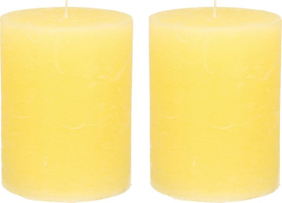 Stompkaars/cilinderkaars - 2x - geel - 7 x 9 cm - middel rustiek model