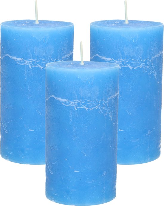 Stompkaars/cilinderkaars - 3x - helder blauw - 7 x 13 cm - rustiek model