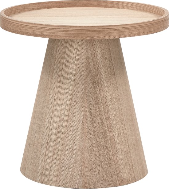 Une table d'appoint en bois naturel avec un pied conique et un plateau rond plat avec un bord surélevé.
