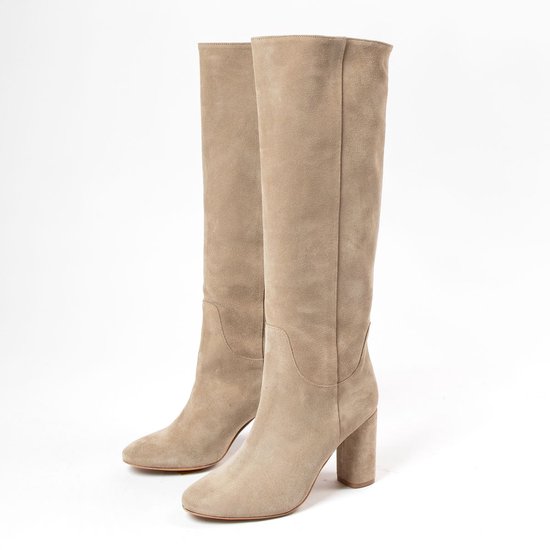 Manfield Dames Beige suede hoge laarzen met hak Maat 36 bol