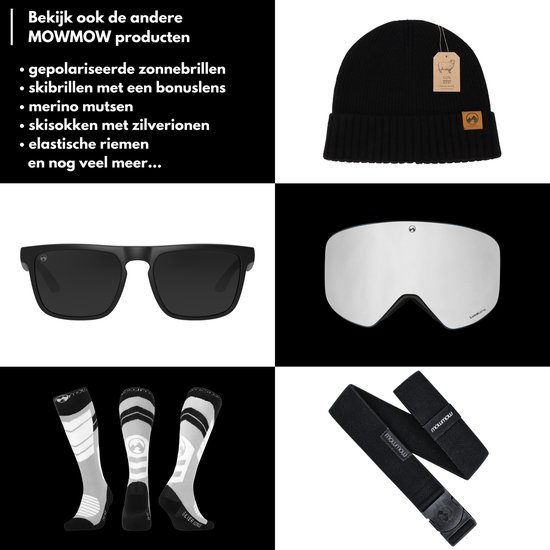 Bonnet tricoté noir, lunettes de soleil noires, masque de ski avec lentille argentée, et chaussettes de ski avec détails argentés.