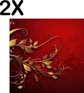 BWK Textiele Placemat - Goud met Rode Plant op Rode Achtergrond - Set van 2 Placemats - 50x50 cm - Polyester Stof - Afneembaar
