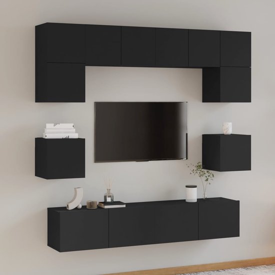 The Living Store Televisiemeubel Set - Klassiek - TV-meubels - 60x30x30 cm - 80x30x30 cm - 30.5x30x30 cm - Zwart bewerkt hout