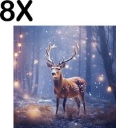 BWK Textiele Placemat - Hert in het Bos met Kerst Lichtjes - Set van 8 Placemats - 40x40 cm - Polyester Stof - Afneembaar