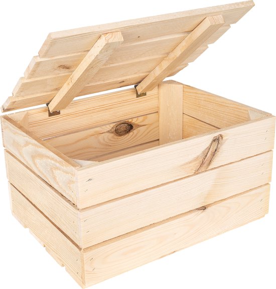 Open houten kist met scharnierend deksel, gemaakt van hout met zichtbare knoesten.