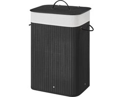 ACAZA Wasmand Met Deksel - 72 L - Bamboe - Wasbare Katoenen Waszak - Handvatten - 40 x 30 x 60 cm - Zwart