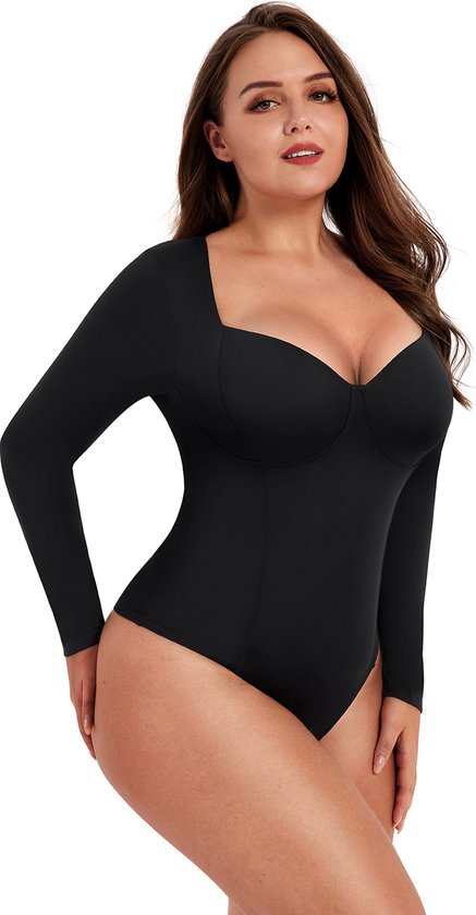 CUPSHE Bodysuit voor dames, diepe V-hals, kanten afwerking, lange mouwen, ruches, casual shirt met lange mouwen, overall, blousebody, top, zwart, S