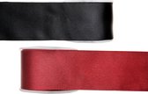 Satijn sierlint pakket - zwart/rood - 2,5 cm x 25 meter - Hobby/decoratie/knutselen - 2x rollen